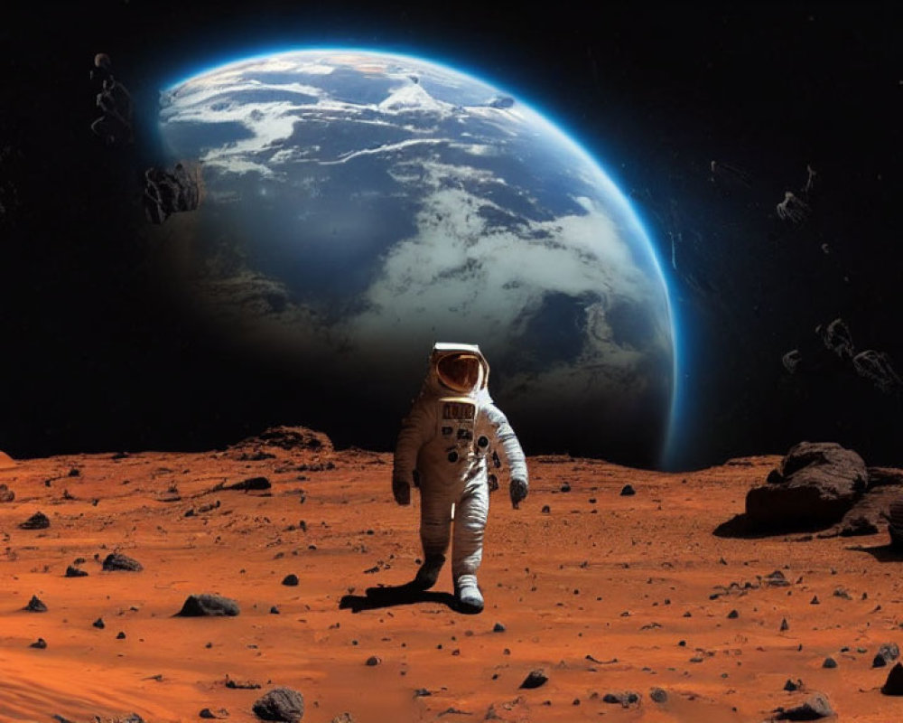 Astronaut on Martian Surface Views Earth Rising Above Horizon