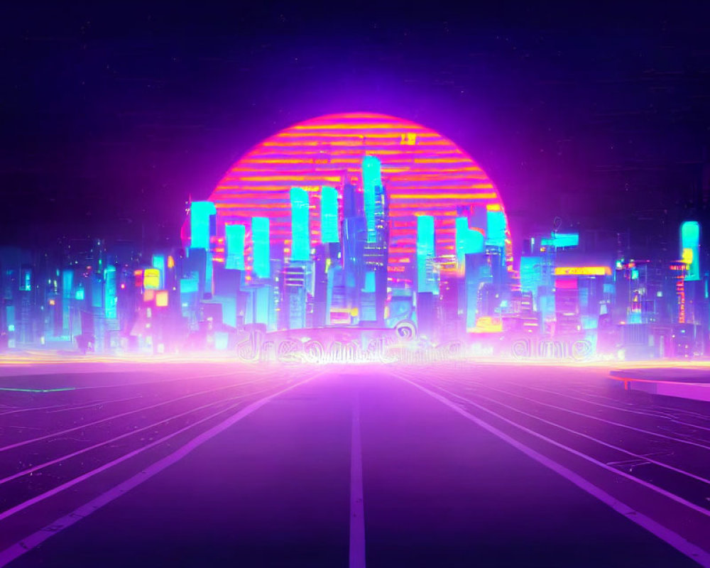 Futuristic neon-lit cityscape with skyscrapers and glowing celestial body