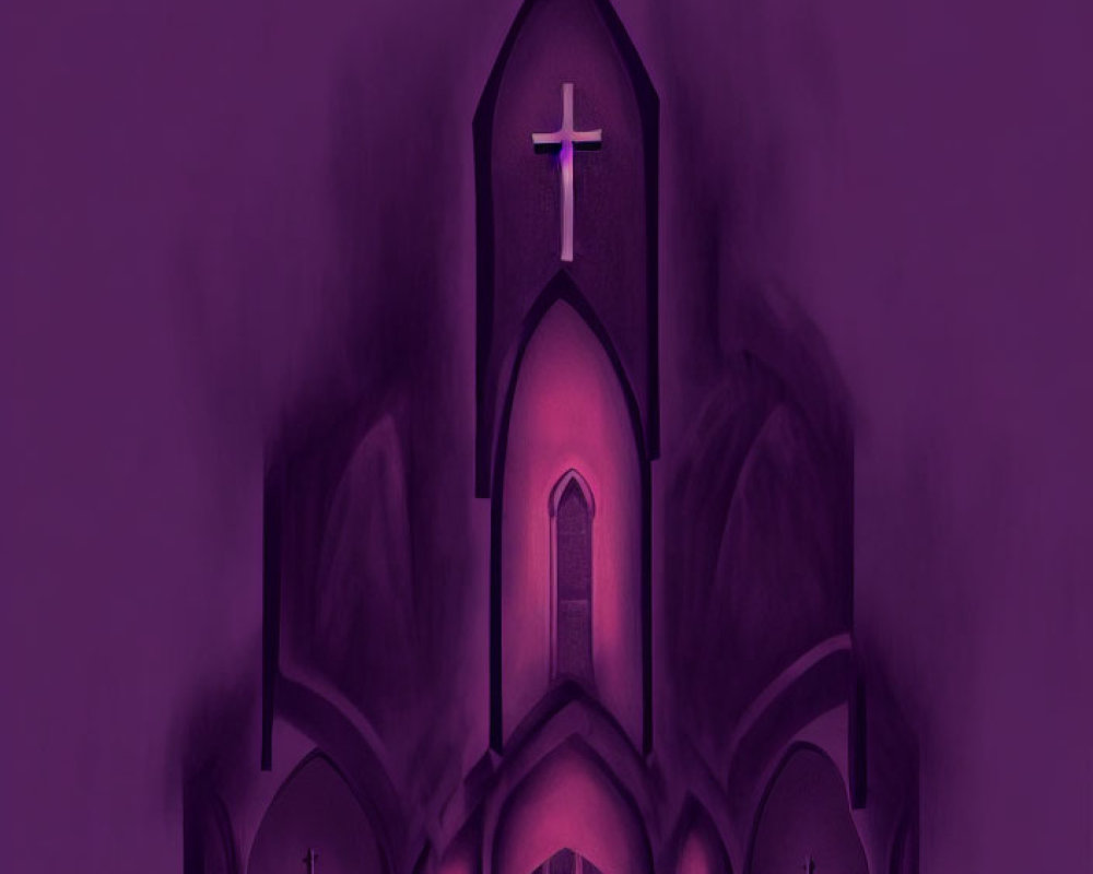 Purple-toned gothic church illustration with prominent cross.