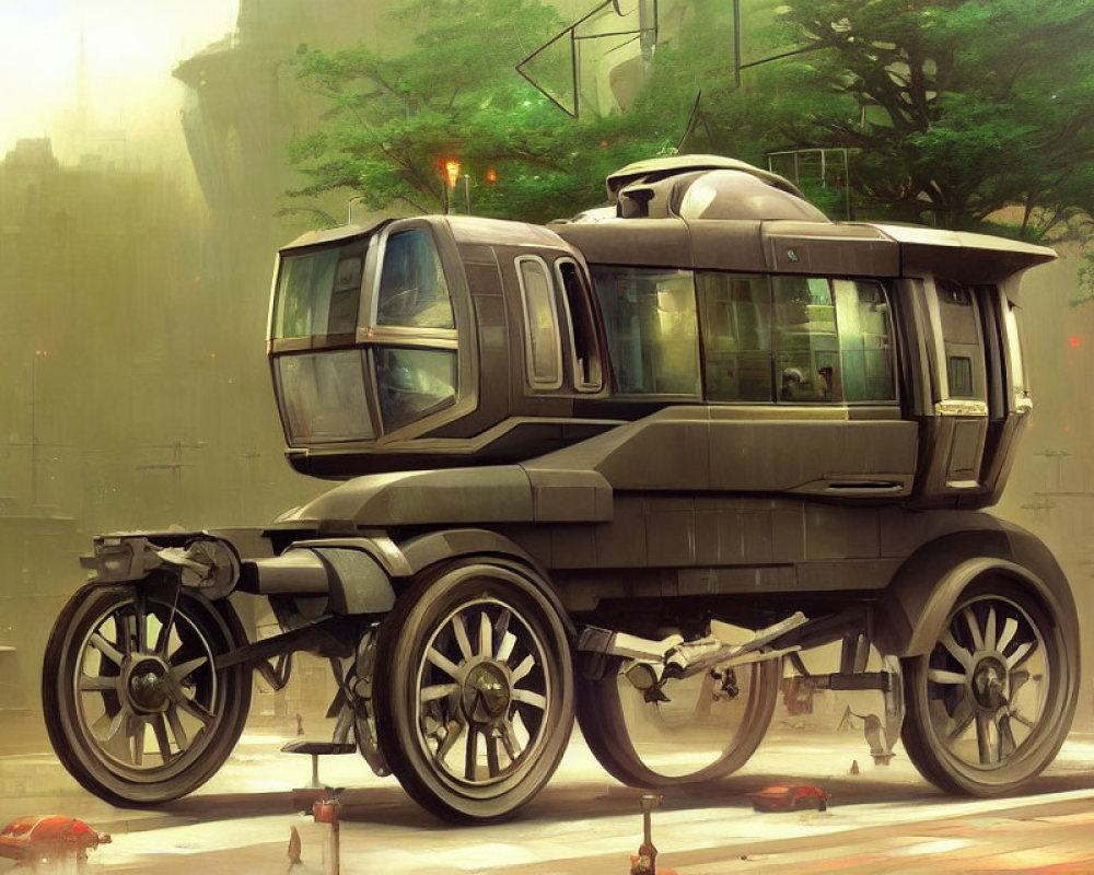Retro-futuristic vehicle with large wheels in urban setting