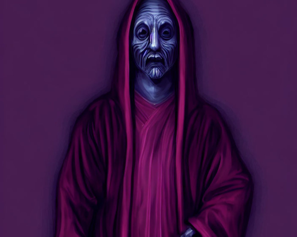 Mysterious figure in red cloak with mask-like face on purple background