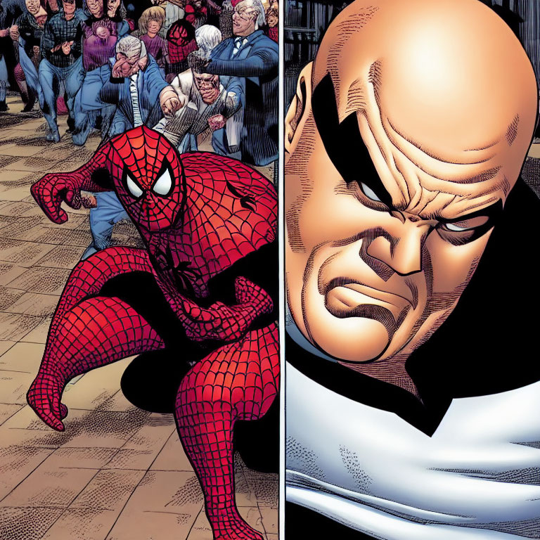 Split Comic Book Image: Spider-Man in Defensive Pose & Frowning Bald Character