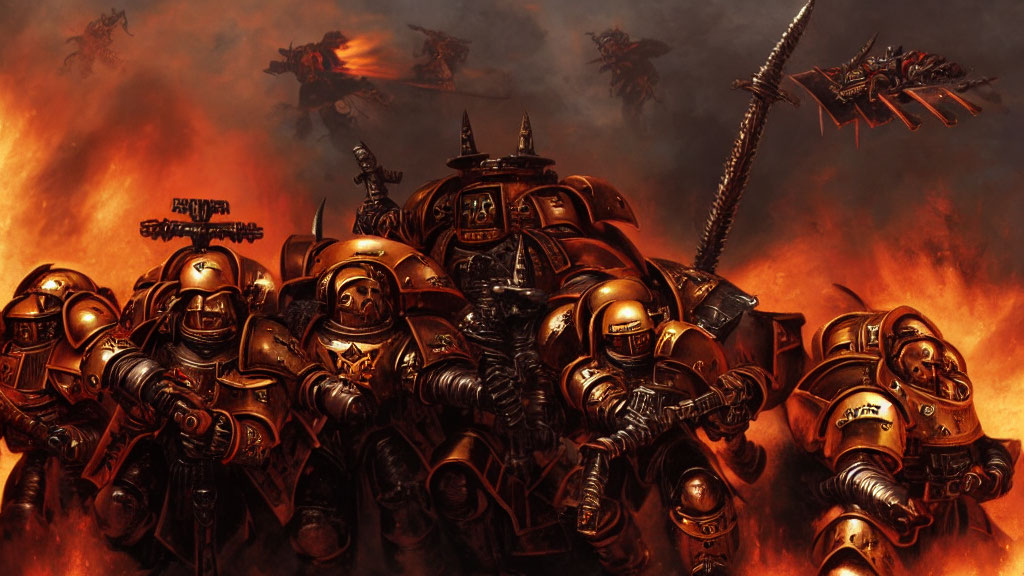 Armored space marines in flames with flying war machines overhead.