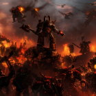 Armored space marines in flames with flying war machines overhead.