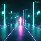 Neon-lit digital landscape with glowing humanoid figure and geometric shapes