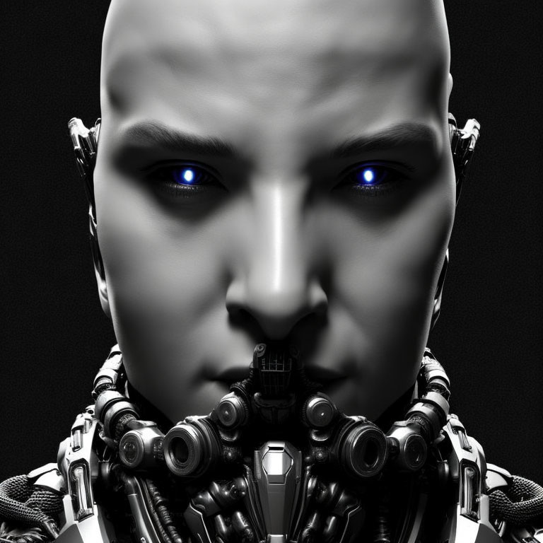 Detailed humanoid robot face with intense blue eyes on dark background.