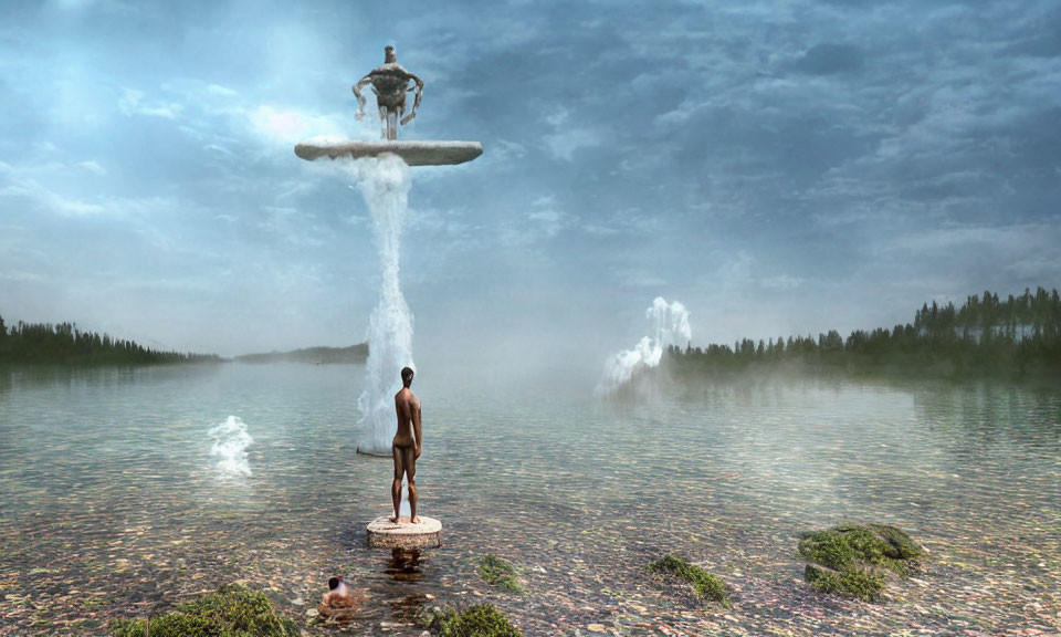 Person standing on fountain platform in surreal landscape with vast body of water