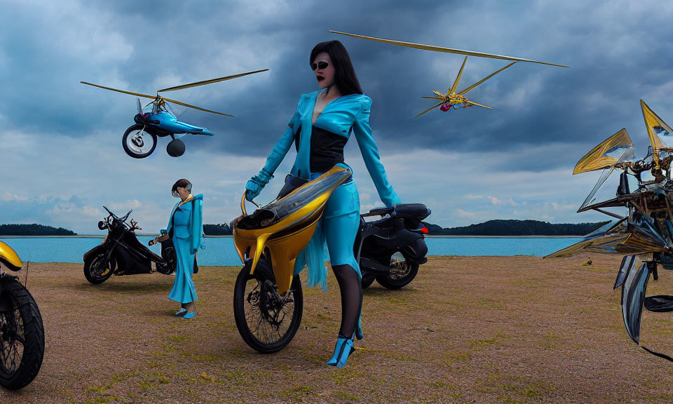 Woman in cyan costume and autogyro motorcycle