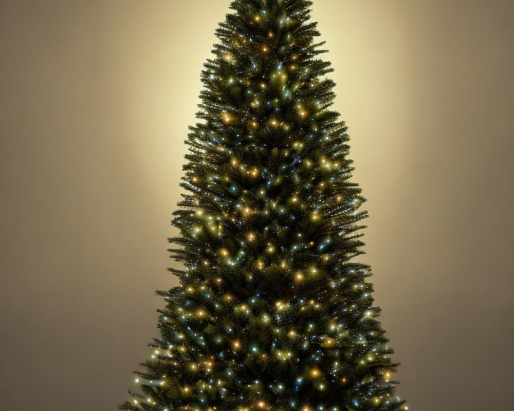 Tall Artificial Christmas Tree with White Lights on Dark Background