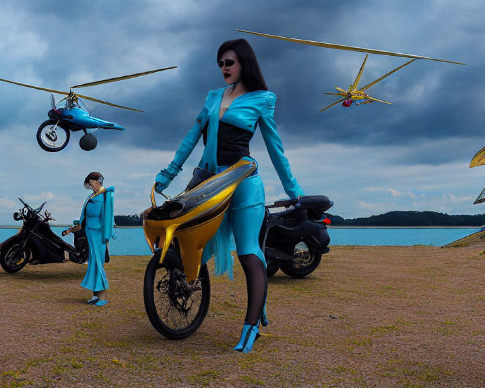 Confident person in blue suit with futuristic motorcycles and drones on cloudy day