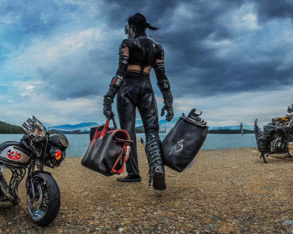 Person with two bags near custom motorcycles by lake under dramatic sky