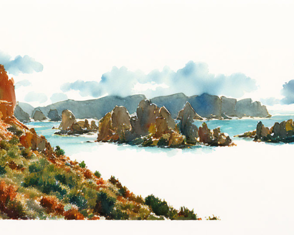 Rugged coastline watercolor painting with rocky formations and clear sky