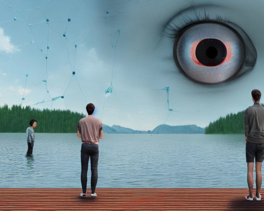 Three Figures in Surreal Landscape with Giant Eye and Phantom Constellations