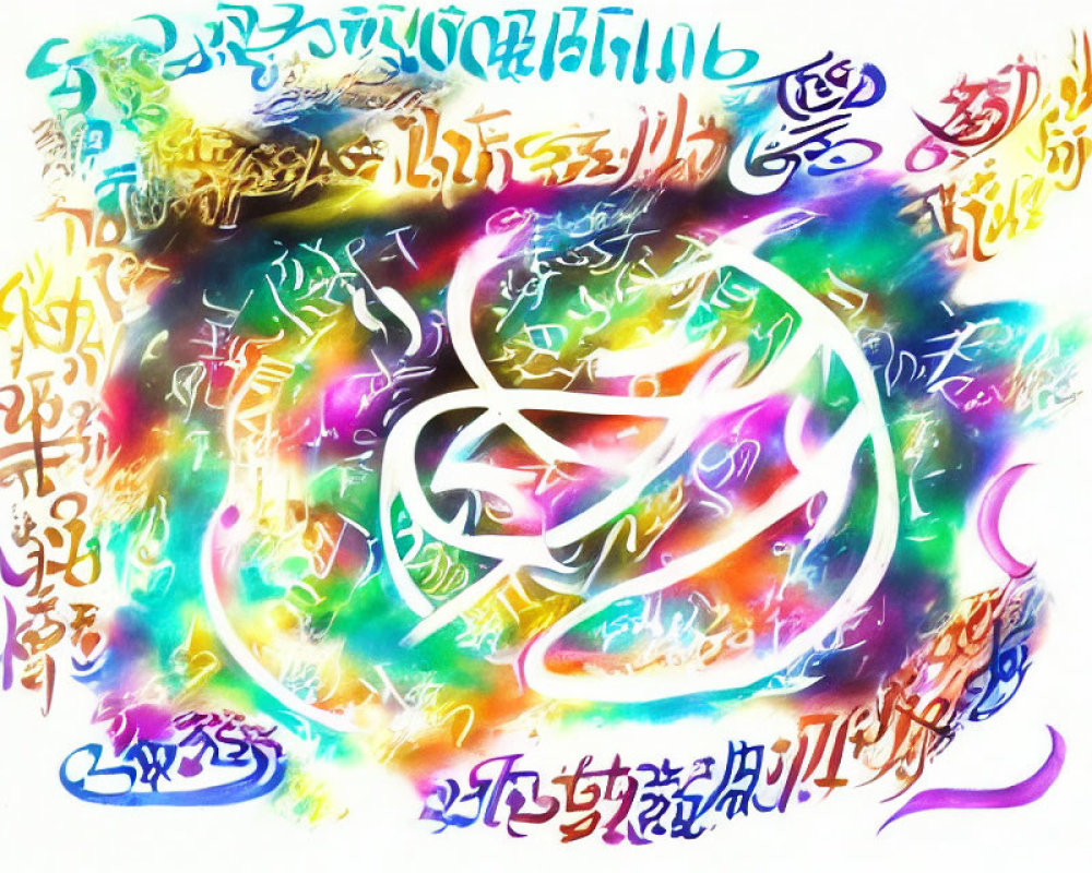 Colorful Abstract Calligraphy Artwork with Swirling Scripts on Multicolored Background