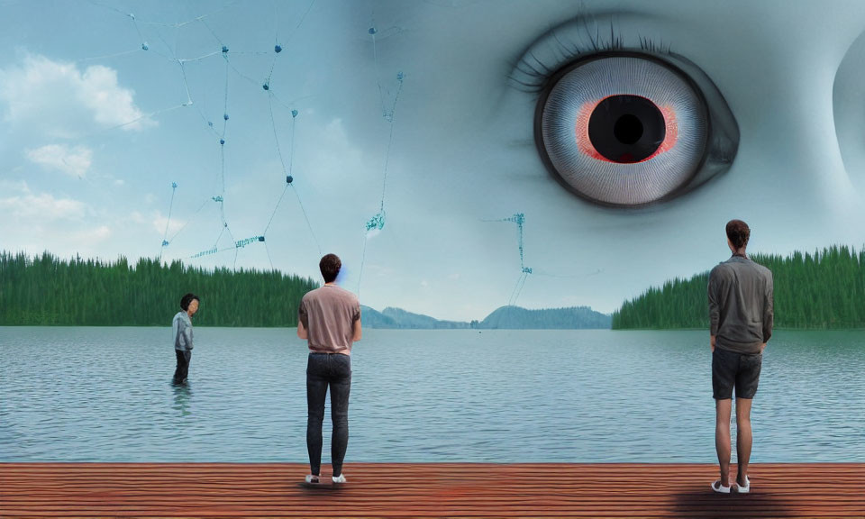 Three Figures in Surreal Landscape with Giant Eye and Phantom Constellations