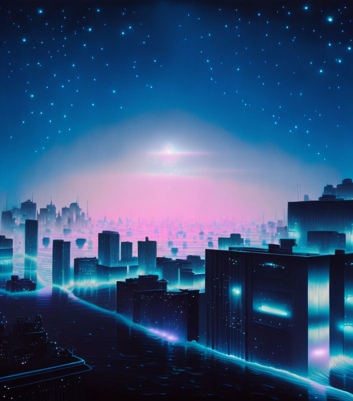 Cyan stars over flooded city.