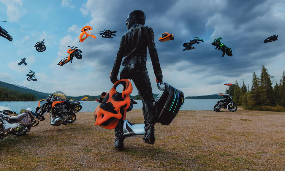Person in Black Motorcycle Suit Surrounded by Levitating Motorcycles Outdoors