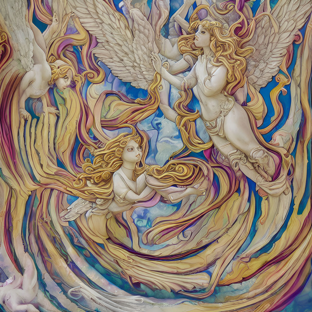 Three Angelic Figures with Elaborate Wings in Colorful Artwork