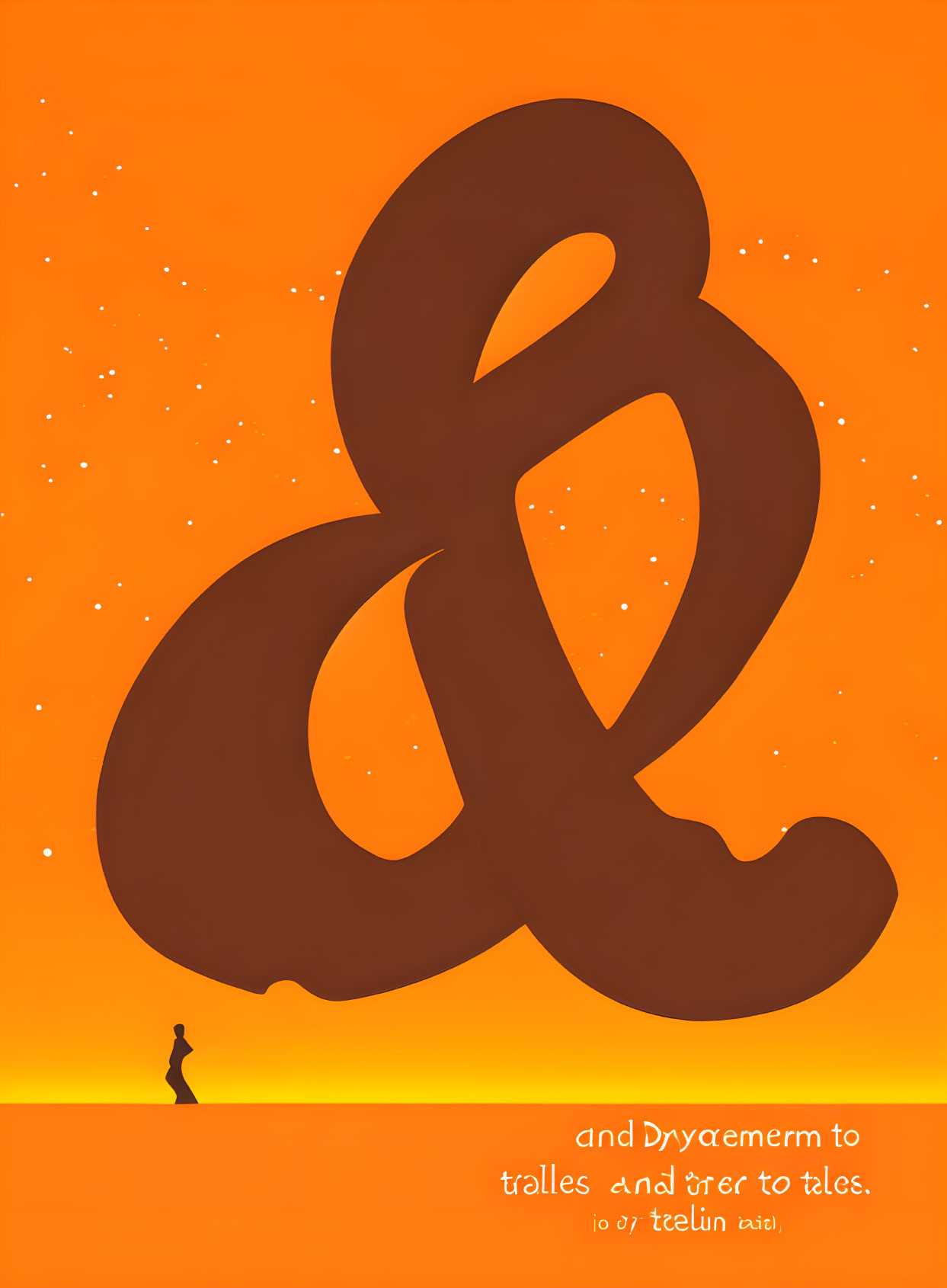 Silhouette of person under giant brown ampersand on orange background with stars.