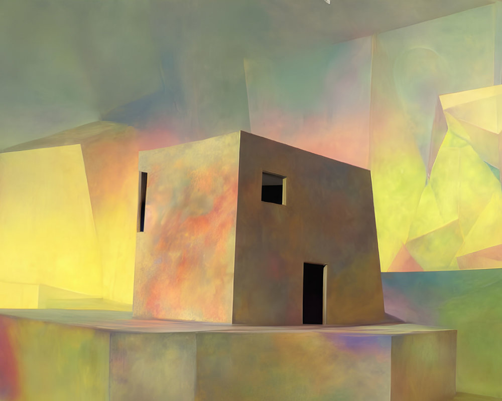 Geometric structure resembling a house in abstract painting.