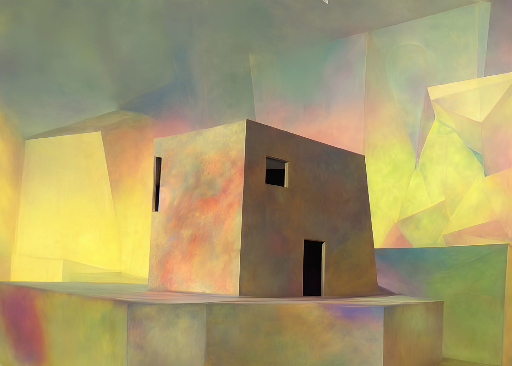 Geometric structure resembling a house in abstract painting.