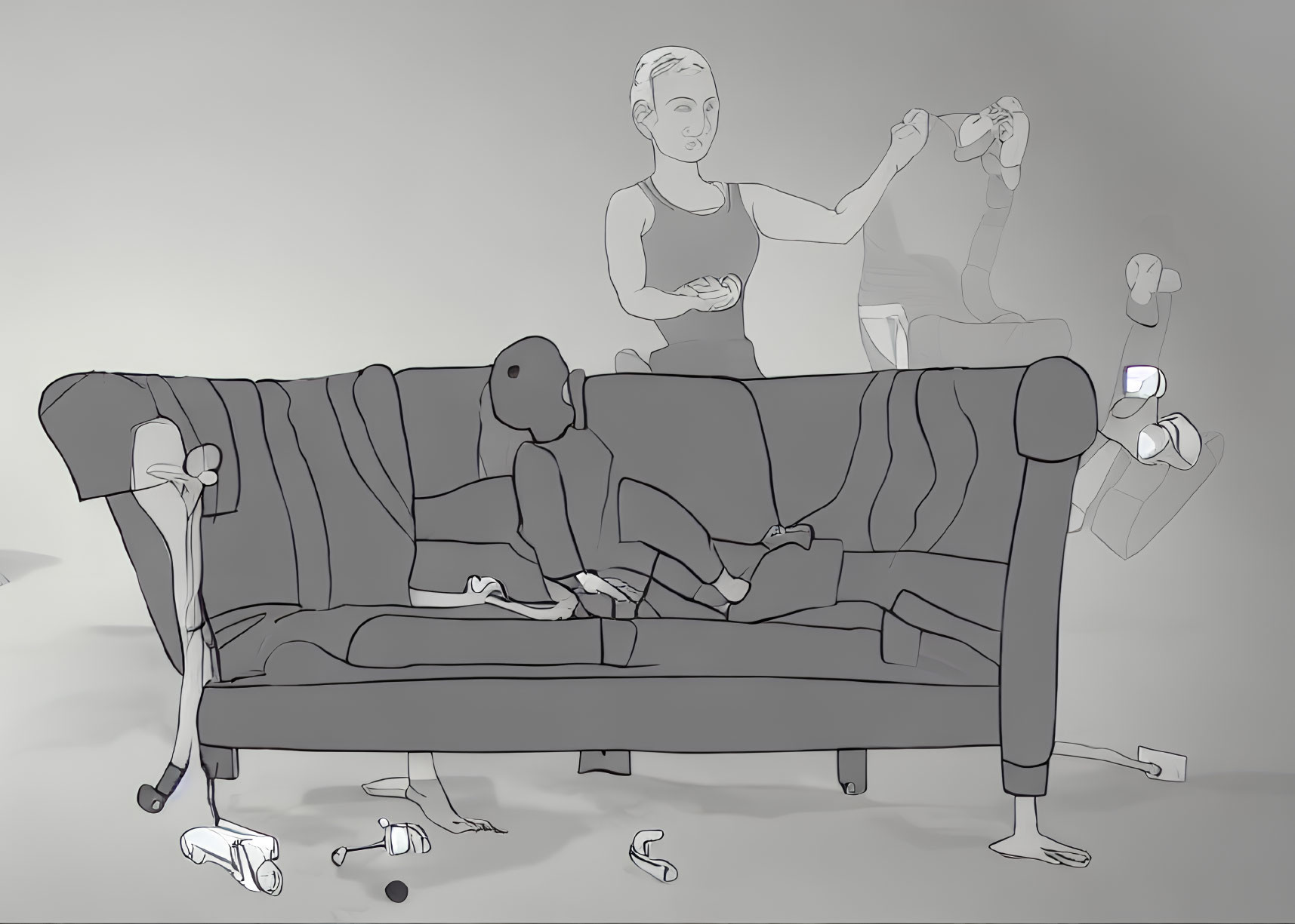Monochrome illustration of person on couch with VR headset