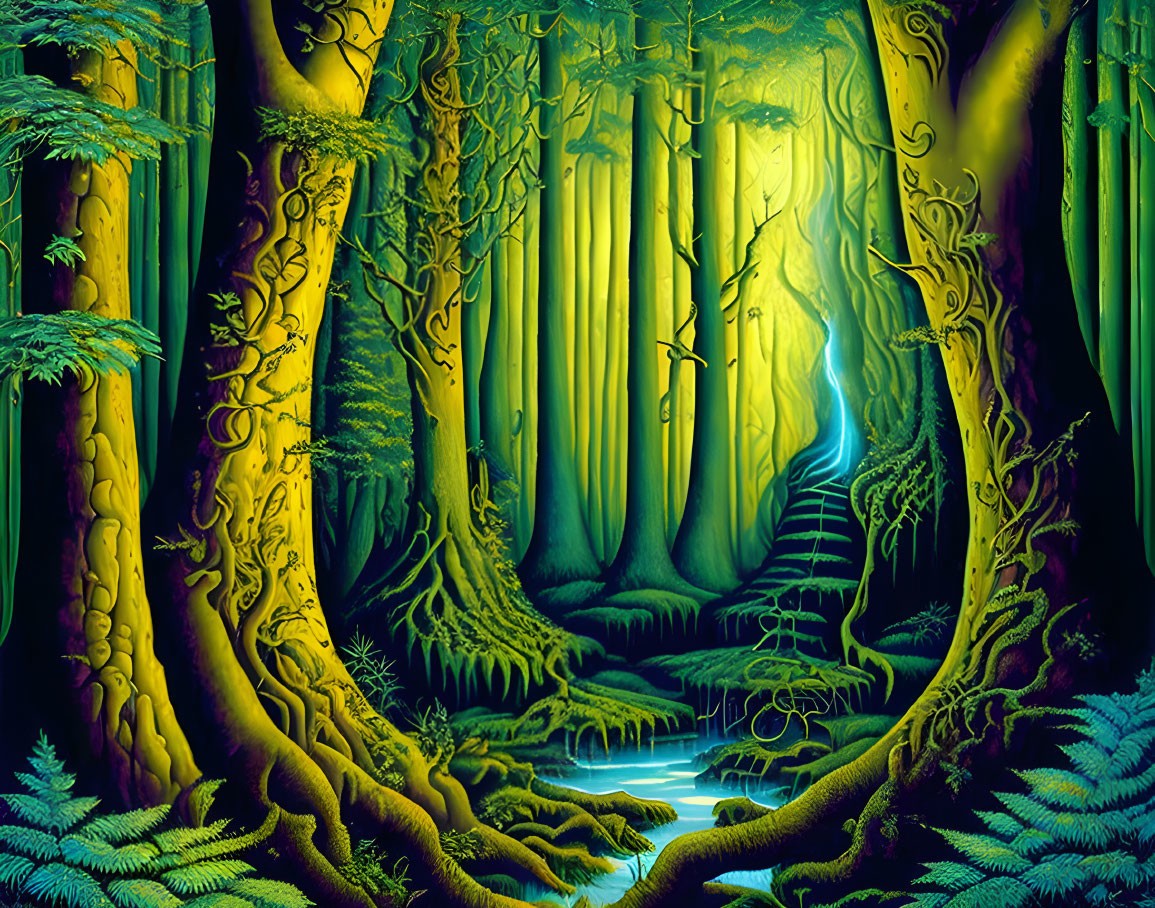 Vibrant green mystical forest with twisted trees and ferns under blue light
