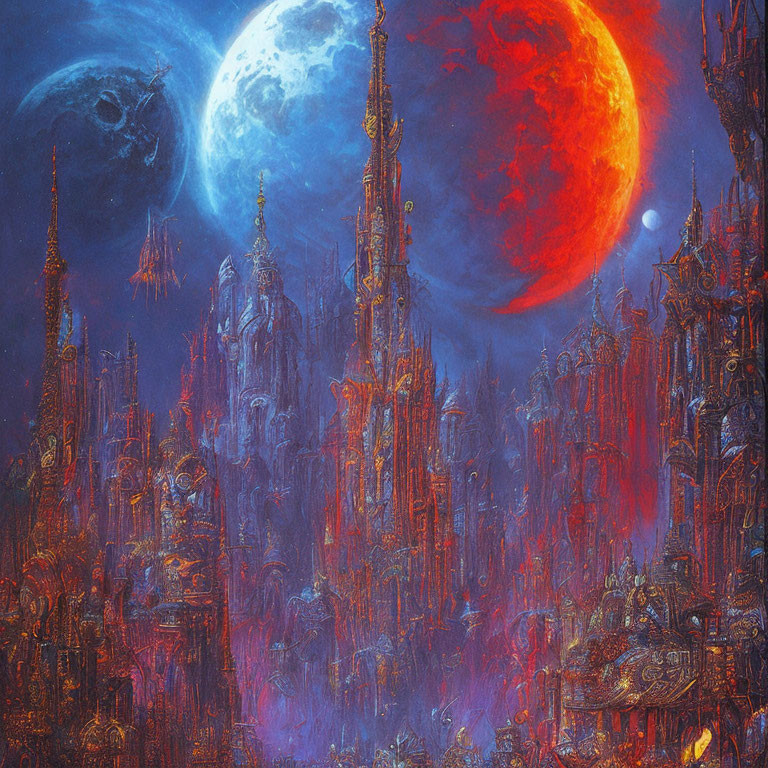Futuristic sci-fi cityscape with towering spires and celestial bodies