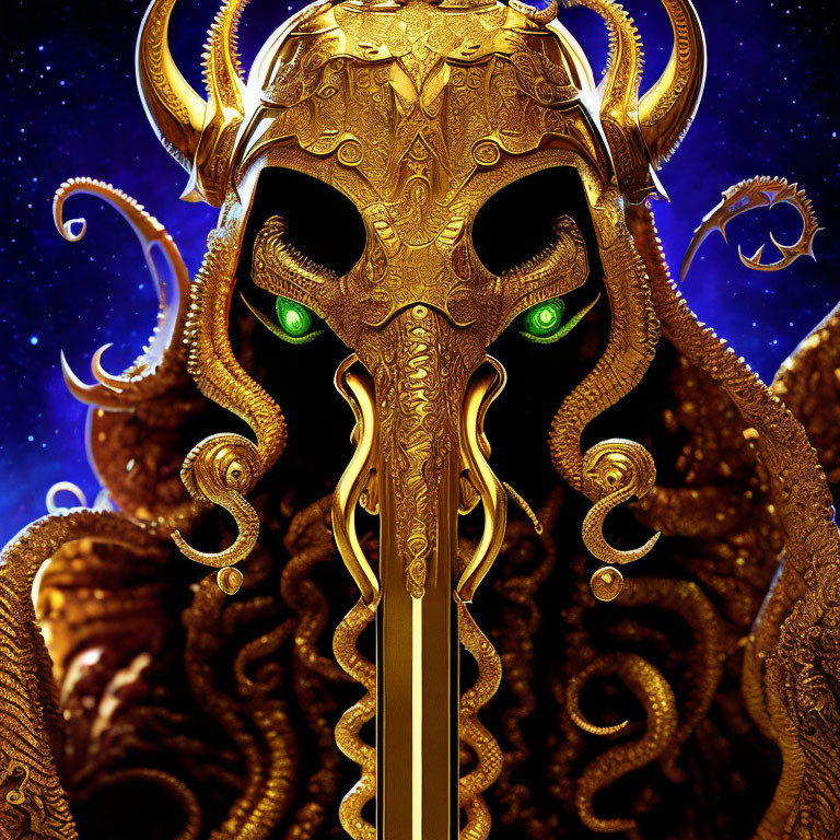 Intricate Golden Mask with Green Eyes and Horn-like Embellishments