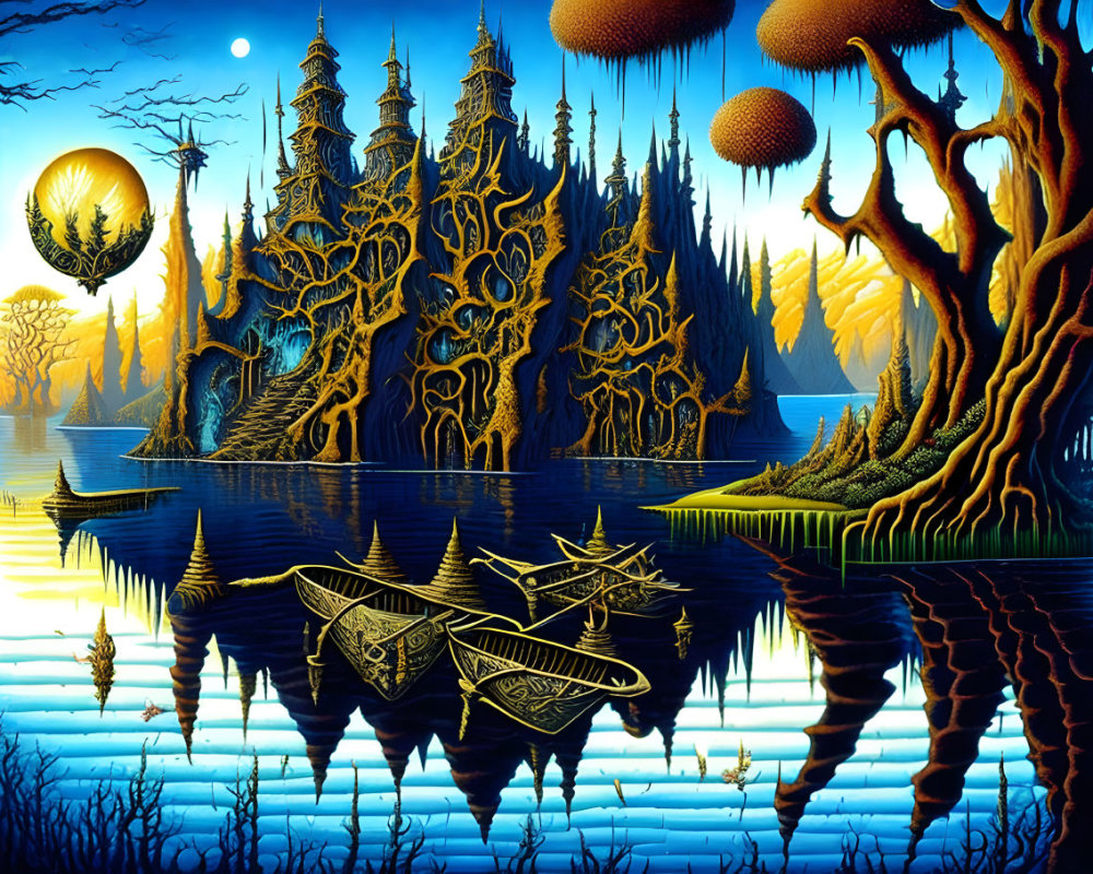 Fantastical landscape with glowing moon, ornate trees, and castle-like structures
