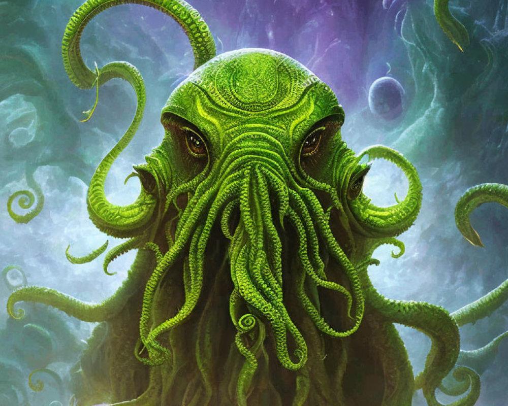 Detailed green octopus-like creature illustration on mystical cloudy backdrop