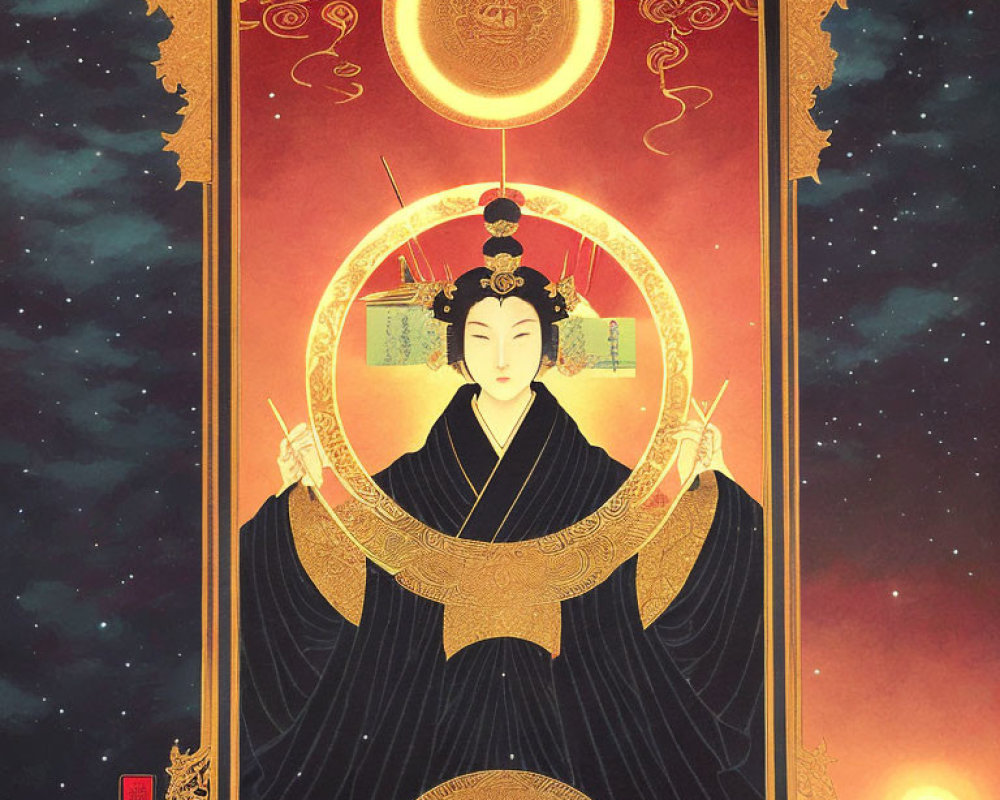 Traditional East Asian woman with hairpins holding swords under starry sky and red moon.