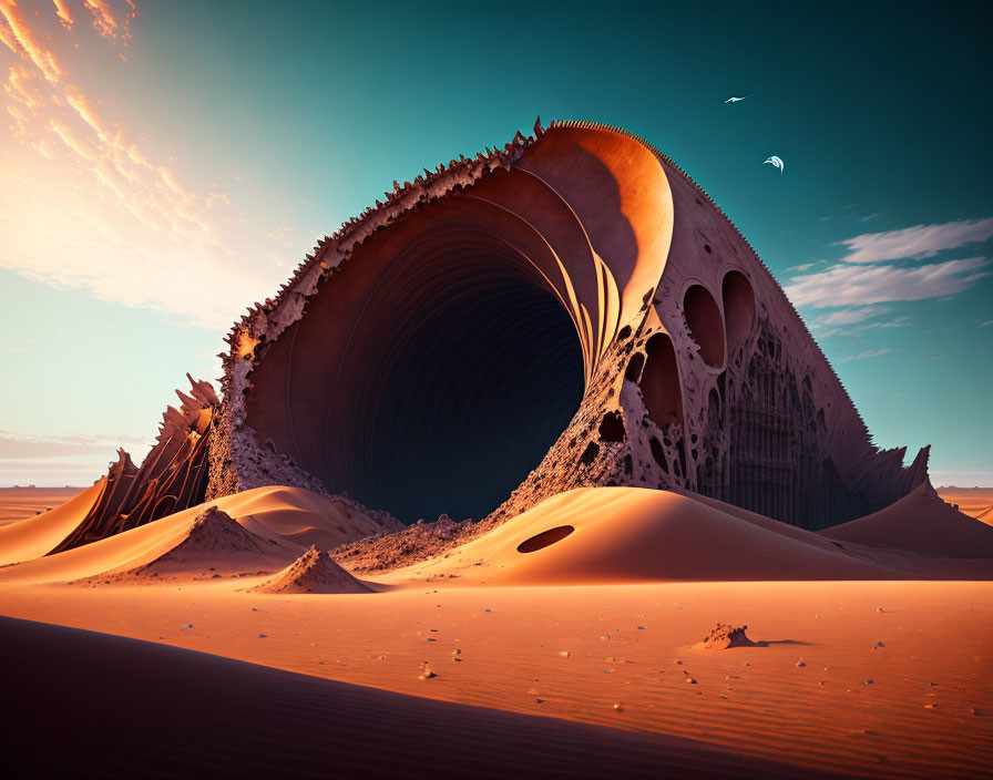 Surreal desert landscape with giant skeletal fish structure in dusky sky
