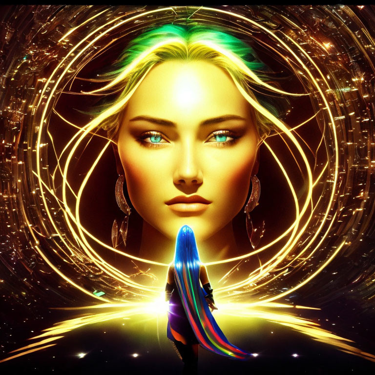 Digital artwork of female figure with blue eyes and golden hair in luminous circles