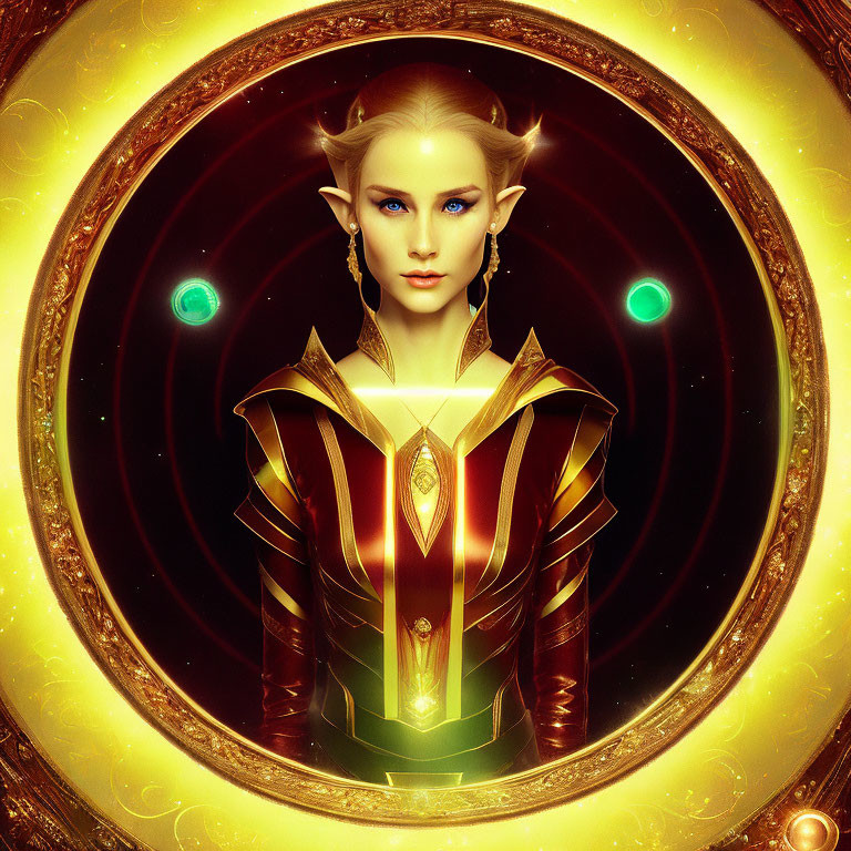 Illustrated Elf in Golden Armor on Starry Background