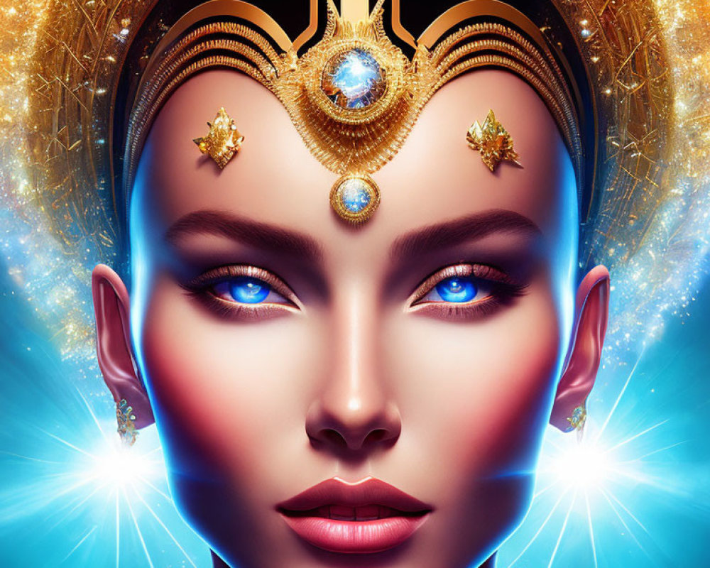 Portrait of Woman with Blue Eyes and Golden Headpiece in Luminous Background