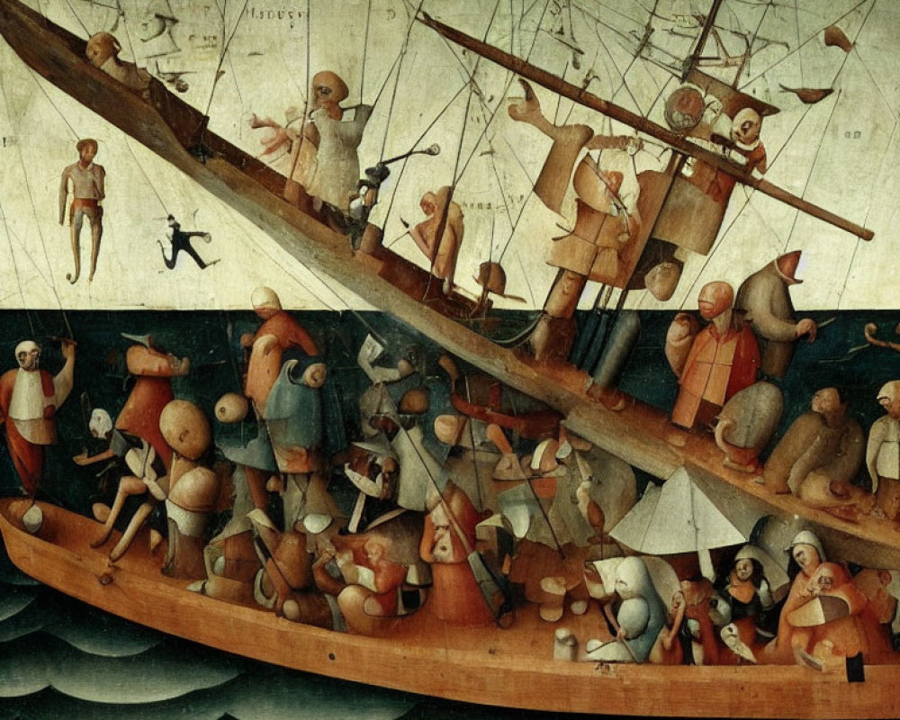 Detailed Nautical Scene with Ships, Figures, Combat, and Constellations