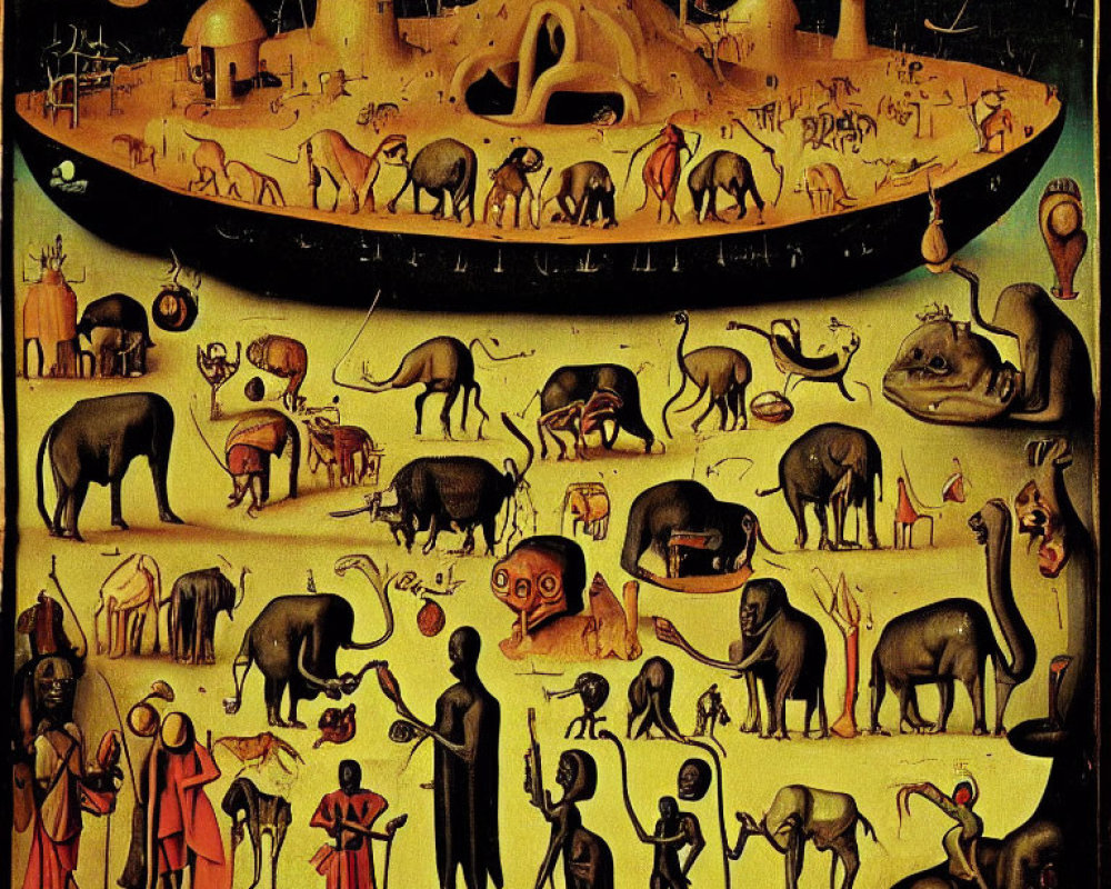 Medieval-style painting of fantastical landscape with hybrid creatures, humans, and elephants