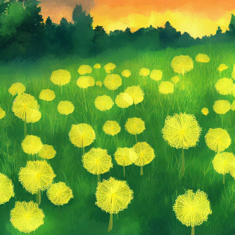 Vibrant digital painting: Yellow dandelions, lush trees, sunset sky