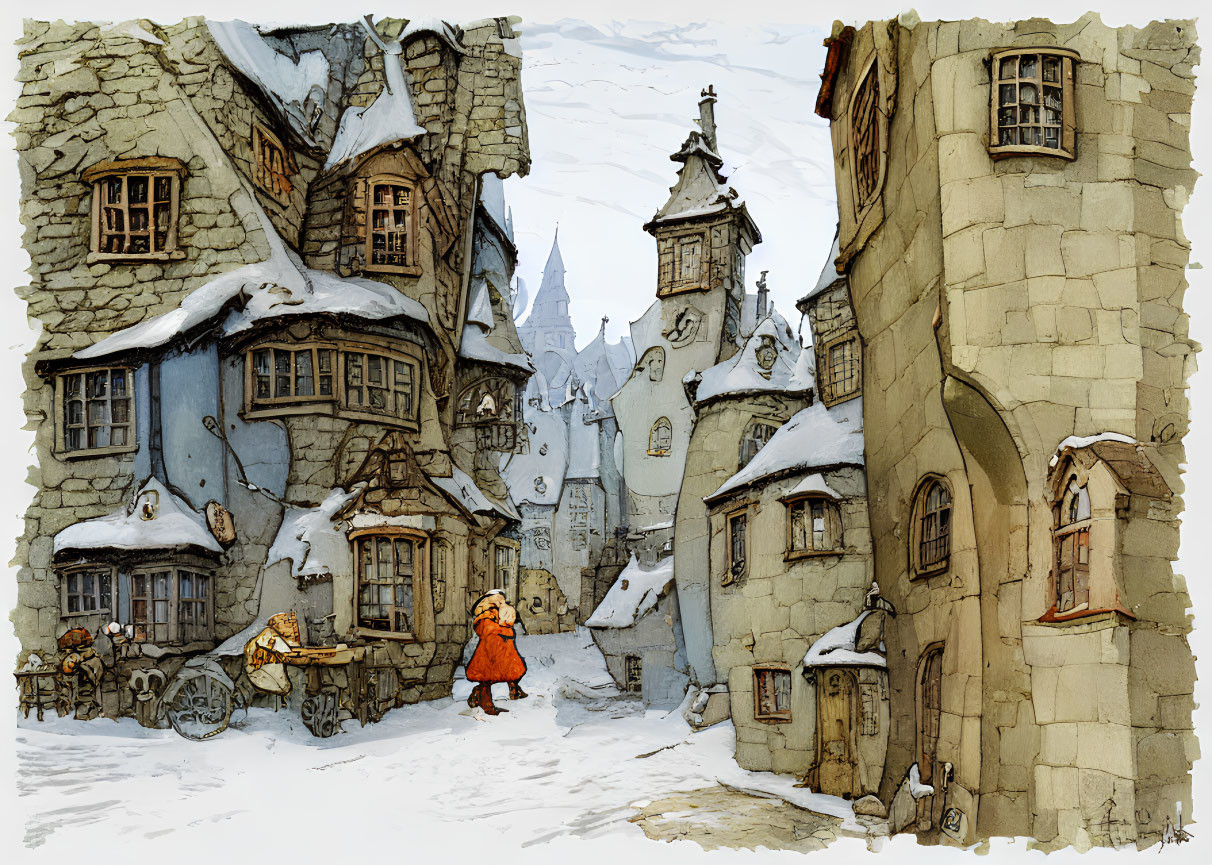 Snowy medieval village with half-timbered houses and castle, featuring a solitary figure in red