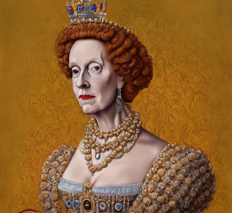 Regal woman in Elizabethan attire with pearl necklace and crown
