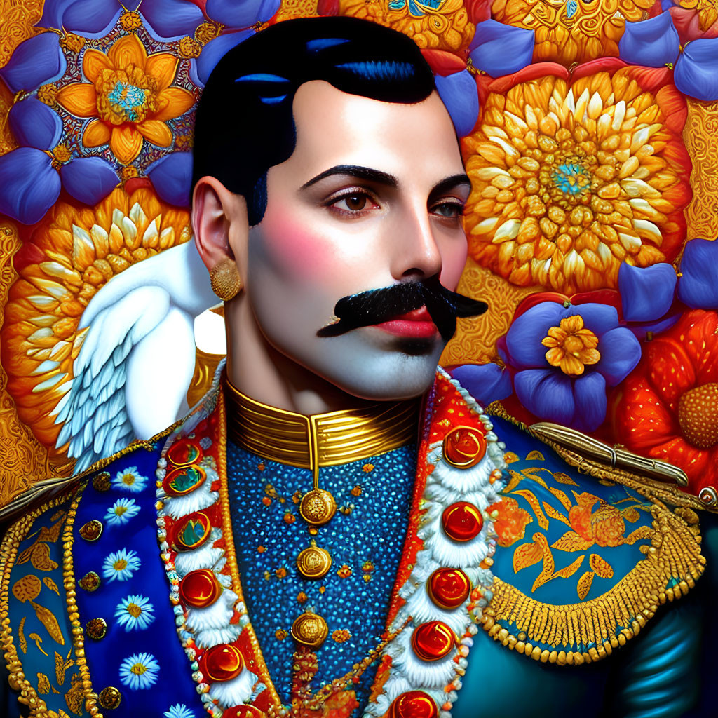 Colorful portrait of man with mustache in jeweled attire and angel wing, set against floral background
