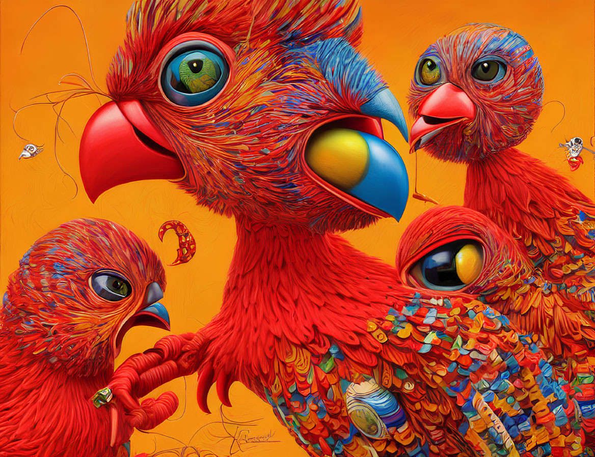 Colorful Stylized Parrot Birds Artwork on Orange Background