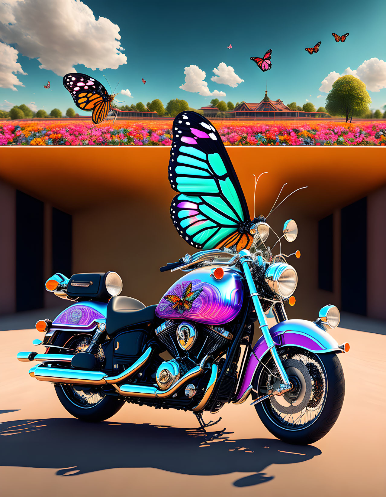 Butterfly riding a motorcycle