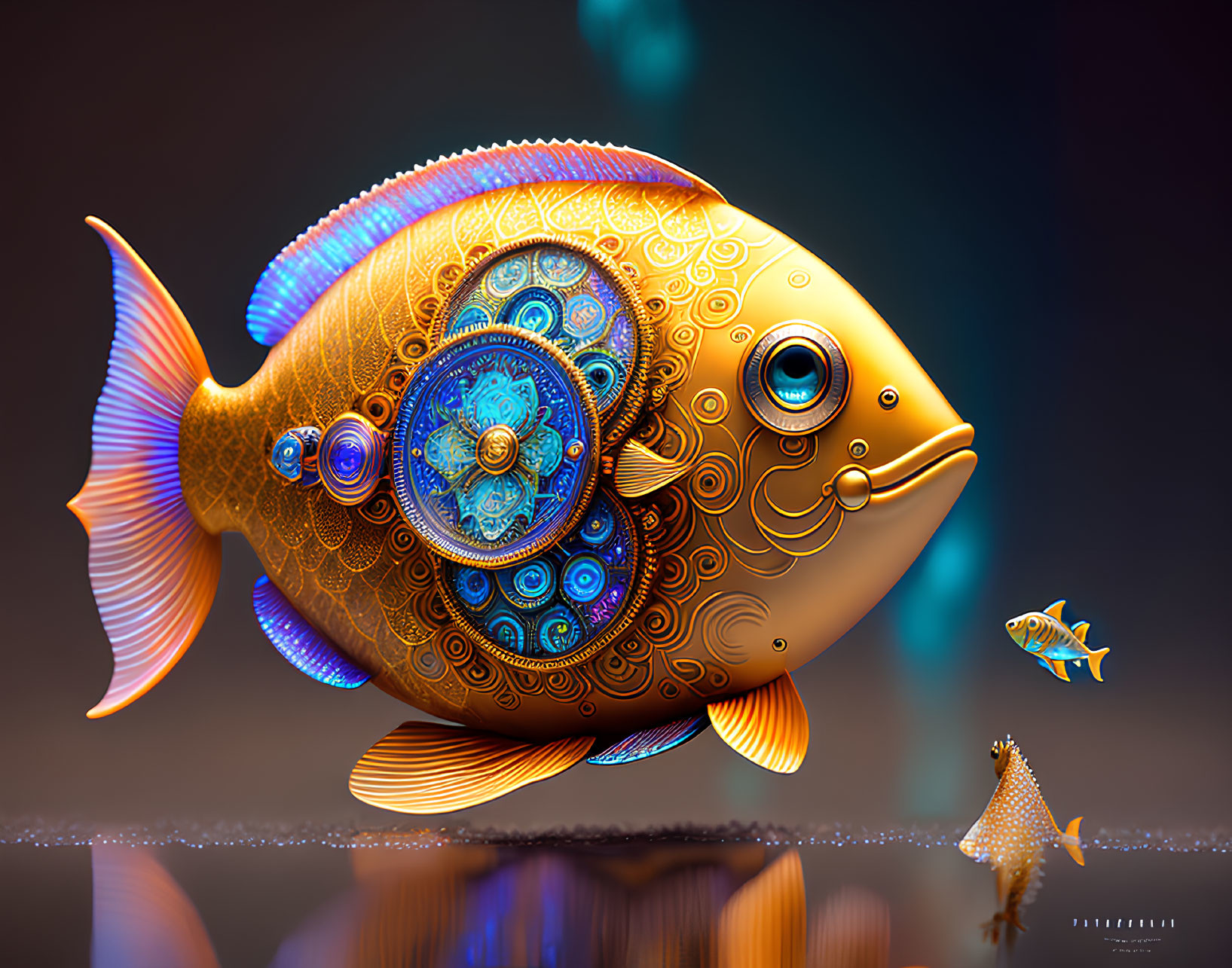 Gold and Blue Ornate Fish Digital Artwork with Jewels and Reflection