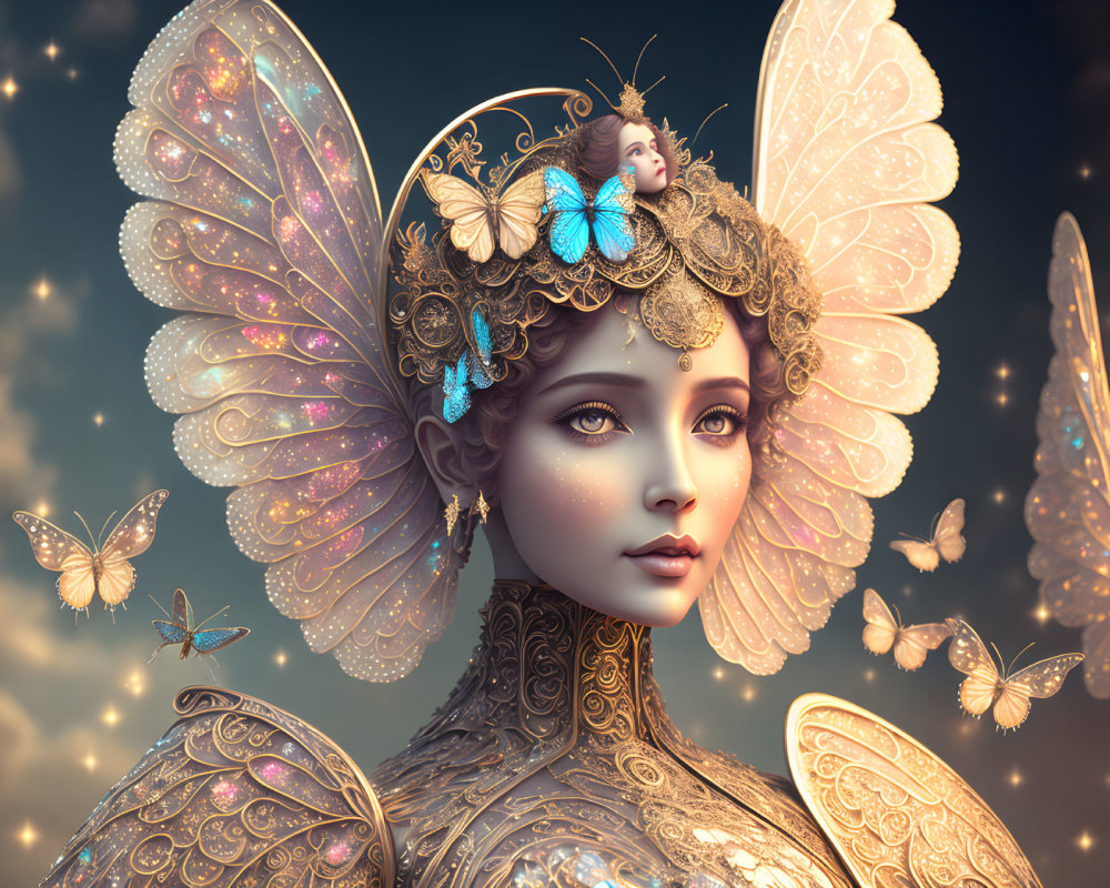 Fantasy illustration: Woman with butterfly wings and headdress among golden butterflies at twilight