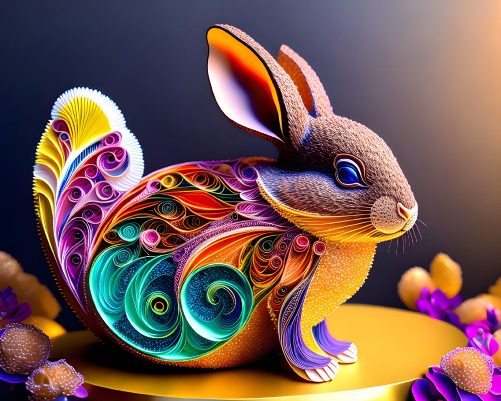 Colorful Quilled Paper Rabbit Artwork on Dark Background