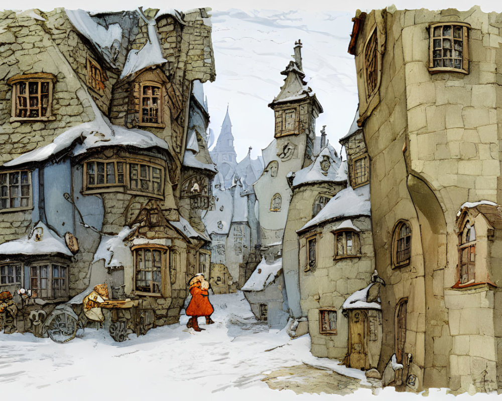 Snowy medieval village with half-timbered houses and castle, featuring a solitary figure in red