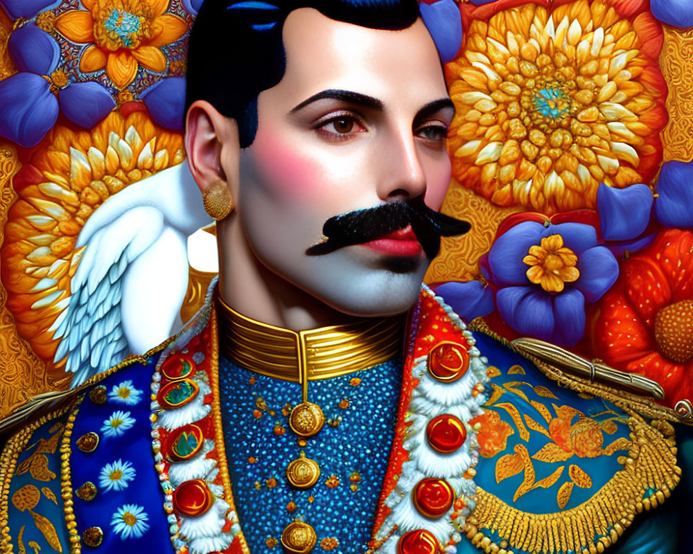 Colorful portrait of man with mustache in jeweled attire and angel wing, set against floral background