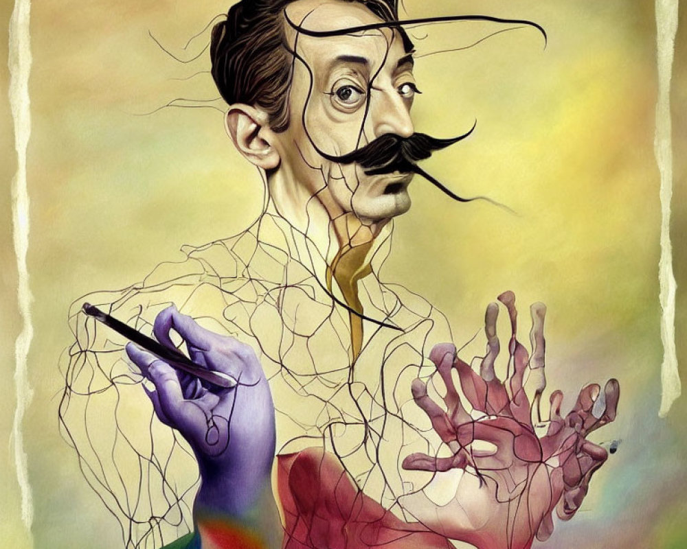 Exaggerated mustache man portrait with swirling hair and dissolving hands